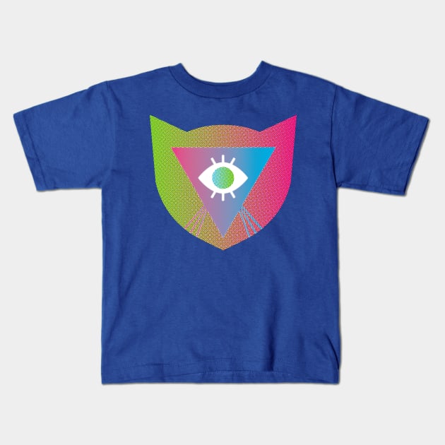 Rainbow Laser Cat Whiskers Evil Eye LGBTQIA2S+ Pink Green Triangle Shield Protection Optical Illusion Illuminati Y2K Graphic Design Kids T-Shirt by TriangleWorship